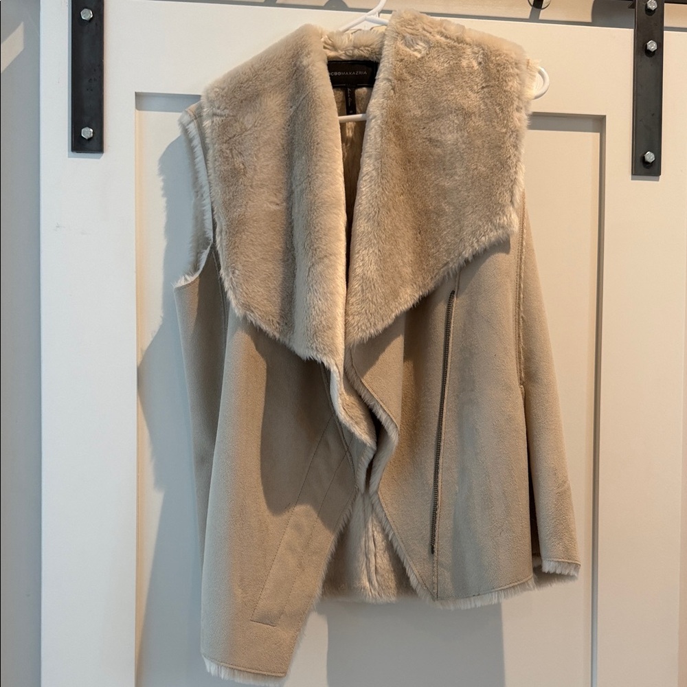 BCBGMaxAzria Taupe Faux-Shearling Open Front Jacket